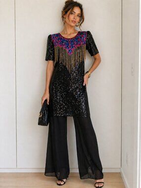 80s Vtg Silk Sequin Beaded Fringe Party Dress Black Siz eM 8-10 Cocktail